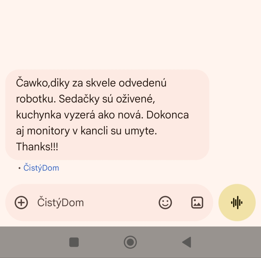 Poďakovanie za upratovanie kancelárie a tepovanie sedačiek