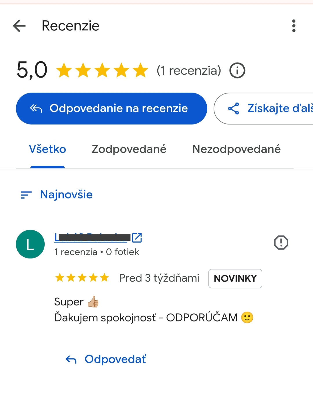 Päťhviezdičková recenzia na Googli